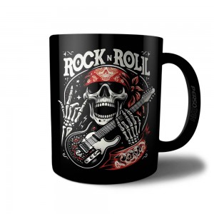 Caneca Rock N Roll Caveira com Bandana Segurando Guitarra