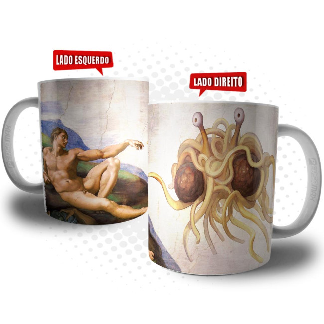 Caneca Ateísta - Adão e Monstro do Espaguete Voador Pintura de Michelangelo