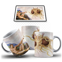 Caneca Ateísta - Adão e Monstro do Espaguete Voador Pintura de Michelangelo