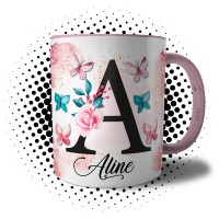 Caneca Borboletas Floral Personalizada com Letra e Inicial e Nome