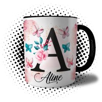 Caneca Borboletas Floral Personalizada com Letra e Inicial e Nome