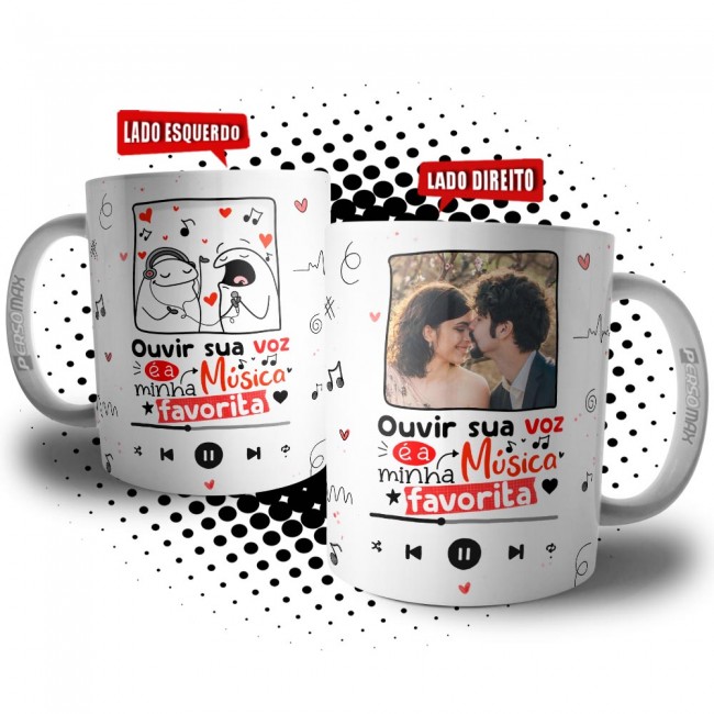 Caneca Flork Namorados com Foto do Casal - Sua Voz é Minha Música Favorita