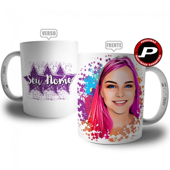 Caneca Caricatura Digital de Mulher com Estrelas Coloridas