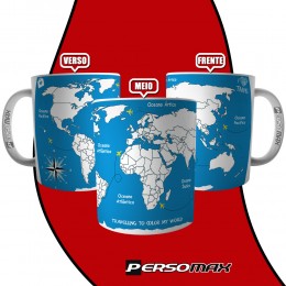 Caneca Mapa Mundi - Viagem pelo Mundo para Colorir