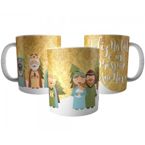 Caneca Feliz Natal e Ano Novo - José, Maria e Três Reis Magos